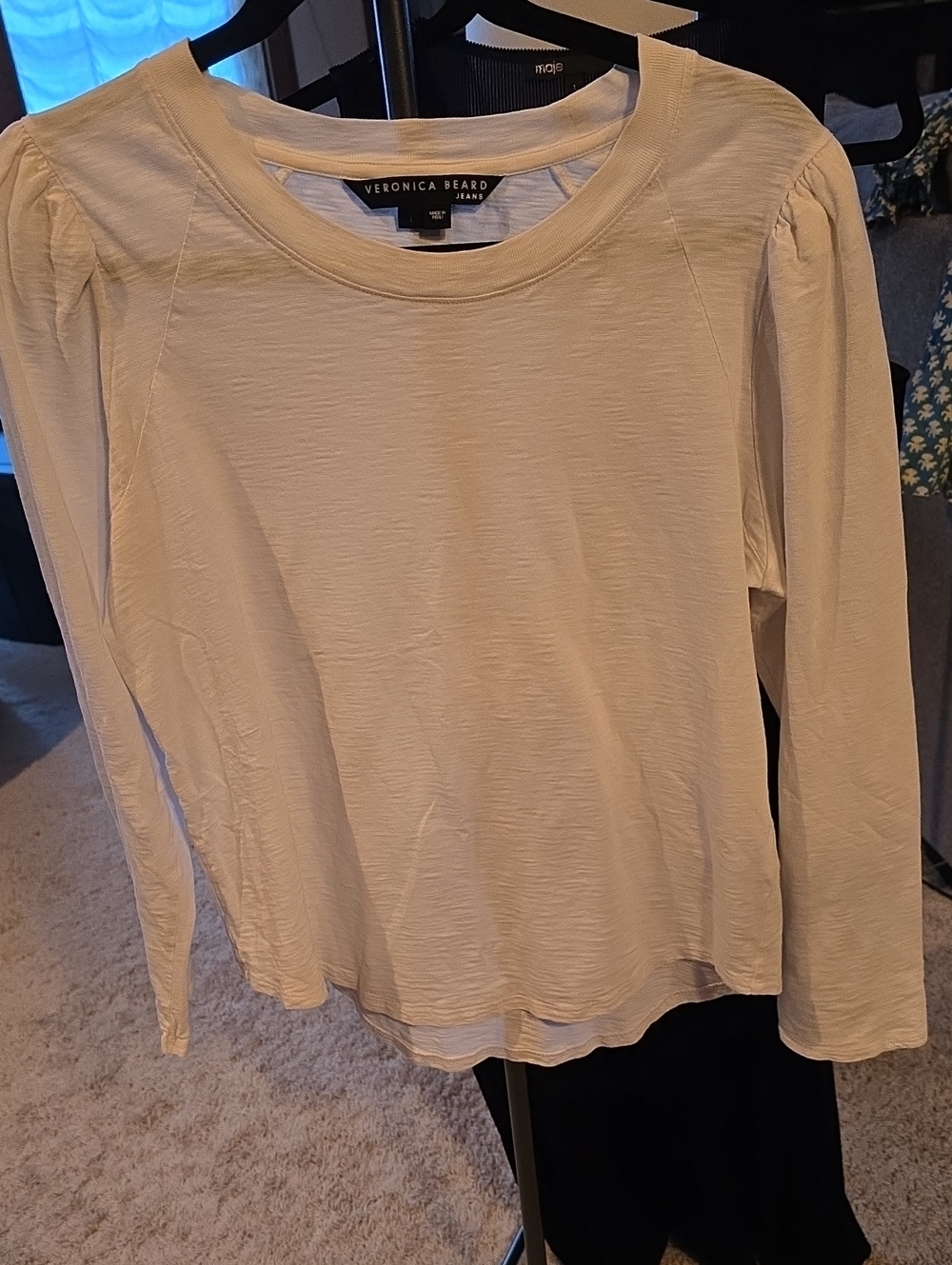 Veronica Beard Cream Long-Sleeve Crewneck Top